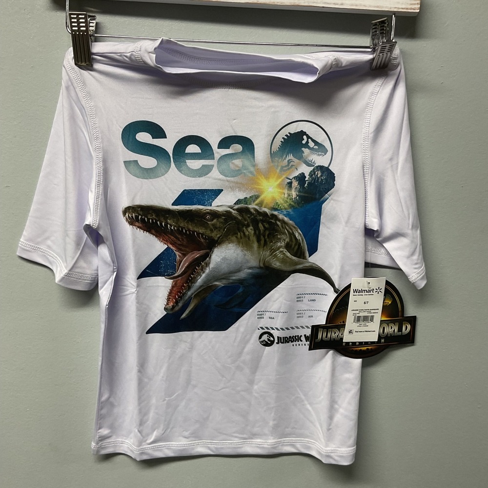 Jurassic World Boys Rash Guard UV50 Swim‎ Shirt Size 6/7 White Dinosaur